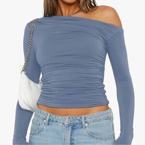 Blue Boat Neck Off the Shoulder Long Sleeved Tee